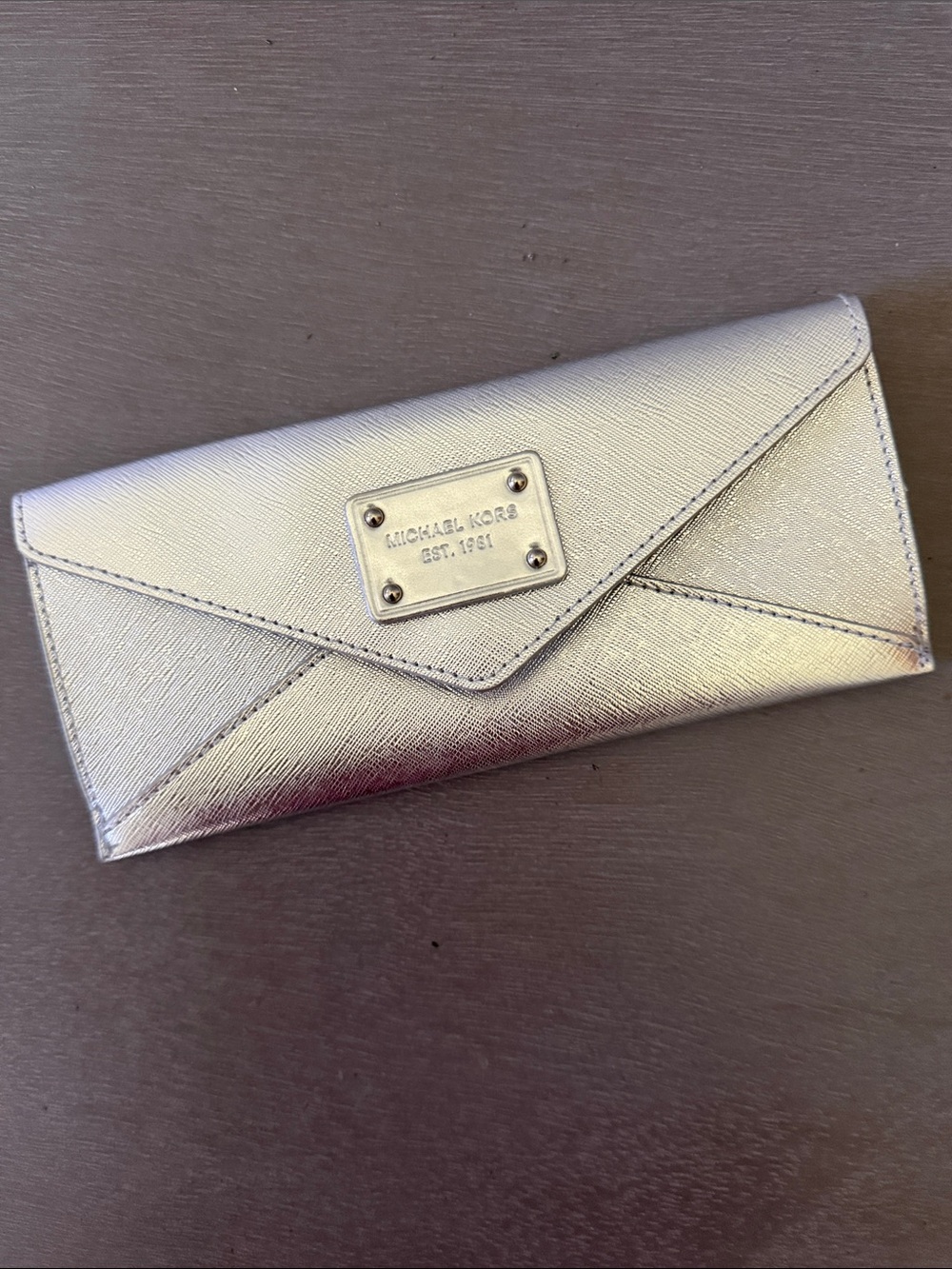 Michael Kors Metallic Silver Envelope Wallet with Logo Plaque
